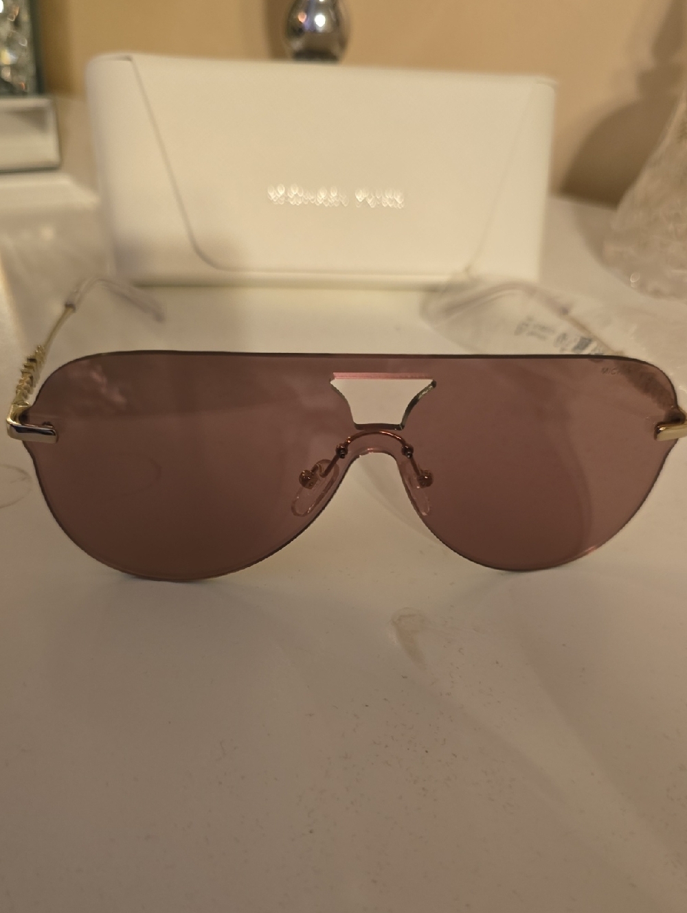 Michael Kors Rimless Shield Sunglasses - Pink Lenses with Gold Accents